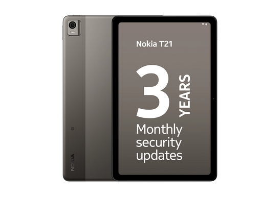 Nokia T21 Tablet in dark grey in portrait mode showing both front and back of the tablet.