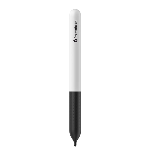 Front view of a single replacement digital pen for the Activpanel V9 featuring a white plastic barrel and dimpled matte black comfort grip as well as a black Promethean logo at the tip.