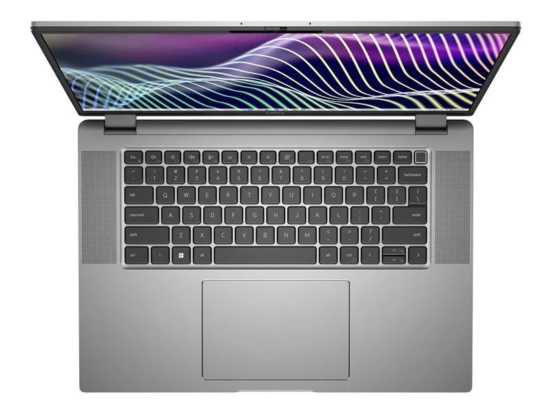 Birdseye View of the Dell lattitude 7640  in dark silver - showcasing the black keyboard