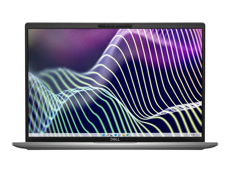 Front view of an open Dell Lattitude 7640 featuring a wave of neon lights on the screensaver