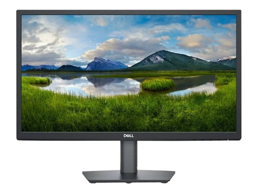 Front view of the Dell E2223HN with a dark grey chassis a small metalic silver DELL logo - featuring a screensaver of a mountain landscape