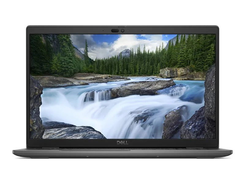 Front view of open Dell Latitude laptop in gark grey and black featuring a screensaver of a waterfall.