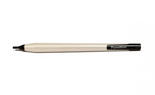 Replacement Promethean ActivPanel V7 pen with brushed nickel barrel, a black plastic nib and black detailing at the tip featuring an engraved Promethean logo