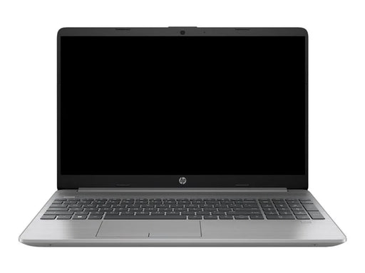 Front view of HP 255 G9 laptop in dark grey with a plain black screen