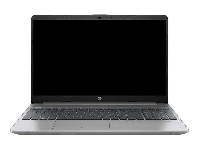 Front view of HP 255 G9 laptop in dark grey with a plain black screen