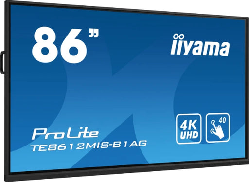 iiyama TE12 series interactive panel with black frame, silver iiyama logo and blue screensaver.