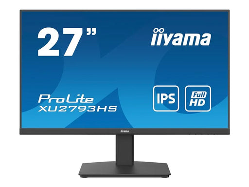 Front view of IIYAMA ProLite XU2793HS-B6 with matte black chassis and blue screensaver