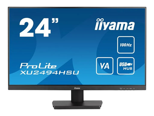 front view of Iiyama Prolite XU2494HSU-B6 Monitor with matte black chassis and blue screensaver 