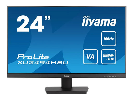 front view of Iiyama Prolite XU2494HSU-B6 Monitor with matte black chassis and blue screensaver