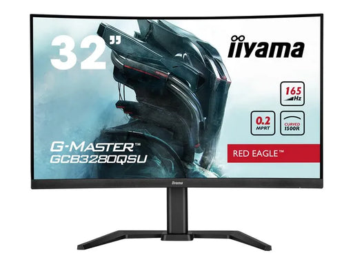 Front view of 32" curved iiyama Red Eagle monitor with a matte black chassis