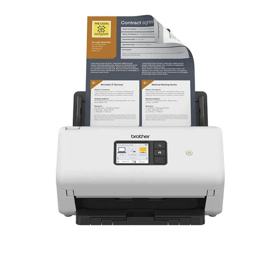 Front view of Brother ADS45000WZU1 Document scanner in white with dark grey accents