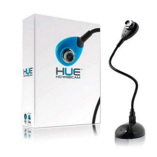 Black HUE HD Camera to the right of its packaging featuring a blue version of the camera