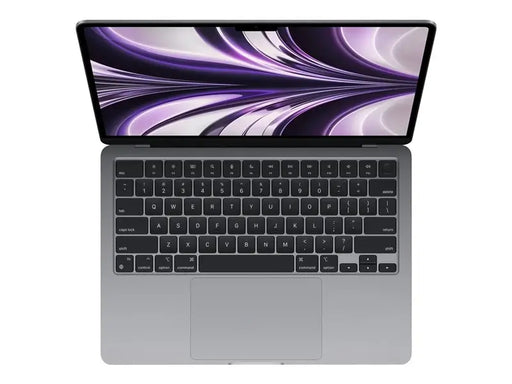 Bird eye view of Apple Macbook Air laptop in space grey with black keyboard