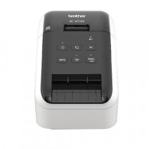Front view of Brother QL-820WB Direct Thermal Colour Label Printer - featuring a black top and grey bottom and sides with 6 main contro buttons.