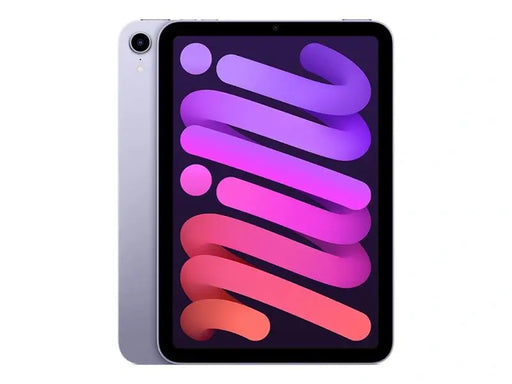 Purple iPad mini Wi-Fi front and back view featuring camera lense with colour abstract art displayed on the screen
