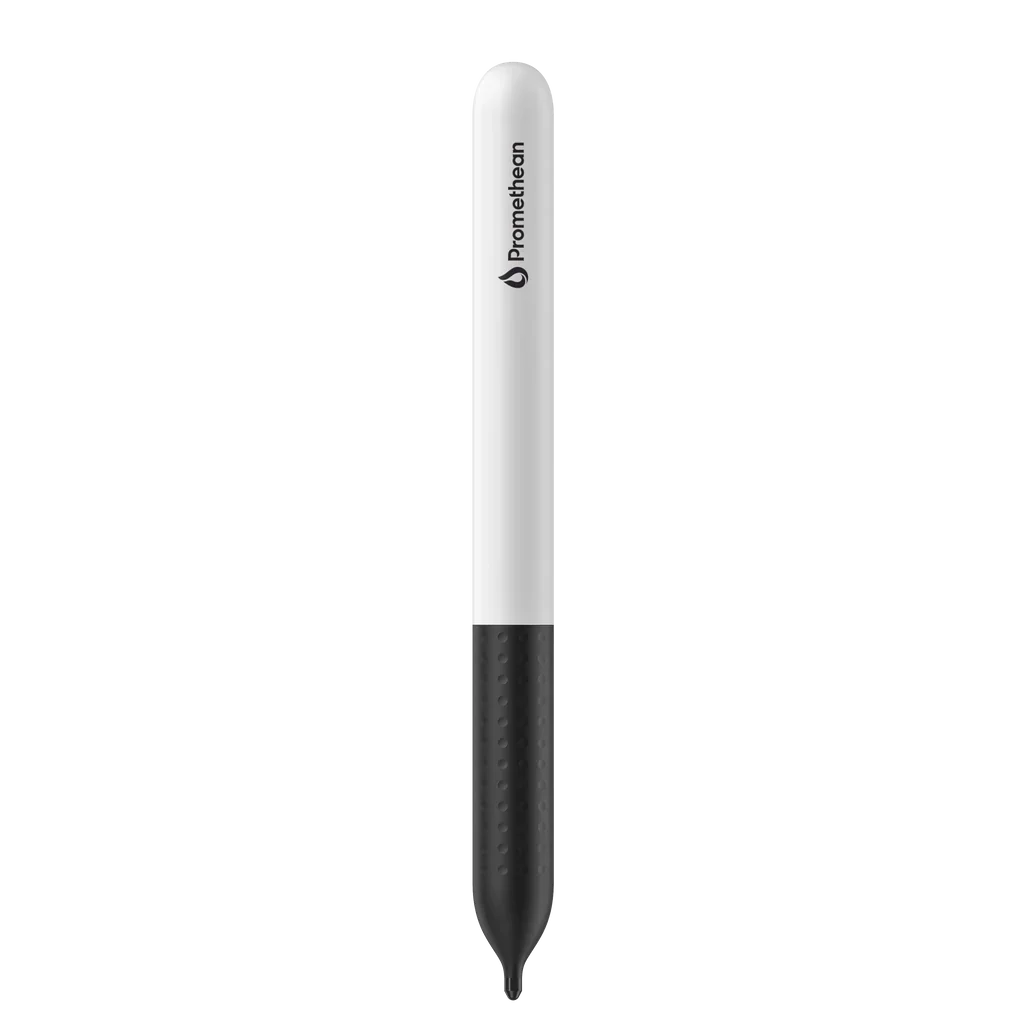 Front view of a single replacement digital pen for the Activpanel V9 featuring a white plastic barrel and dimpled matte black comfort grip as well as a black Promethean logo at the tip. 