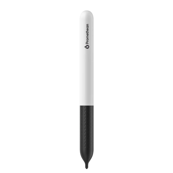 Front view of a single replacement digital pen for the Activpanel V9 featuring a white plastic barrel and dimpled matte black comfort grip as well as a black Promethean logo at the tip. 