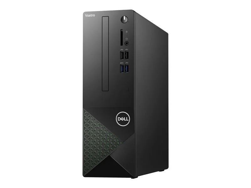 Dell Vostro desktop computer tower, featuring a black textured design with multiple front-panel ports including USB and audio jacks, a CD/DVD drive slot, and the Dell logo at the bottom right.