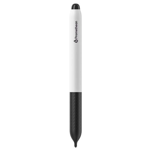 Front view of a single replacement digital pen for the Activpanel V9 featuring a white plastic barrel and dimpled matte black comfort grip, eraser tip and a black Promethean logo at the tip. 