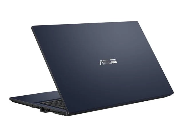 image of the back of a ASUS Expertbook BR15 laptop in star black featuring a metal ASUS logo in the centre 