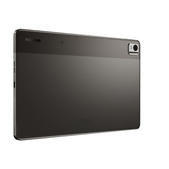 Back view of dark grey Nokia T21 tablet in landscape orientation.