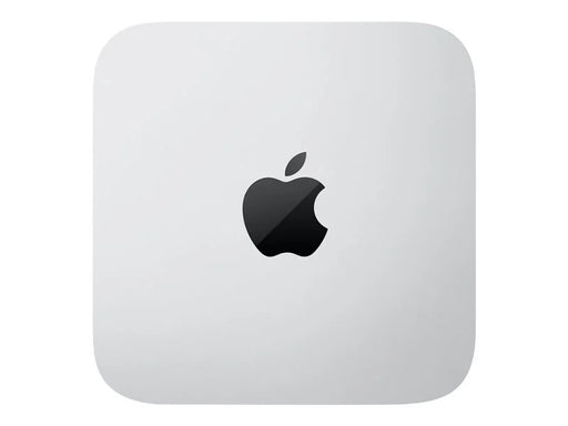 Image of the top of the Apple Mac Mini PC - a small square device with rounded corners featuring a metallic apple logo in the centre