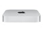 Side view of the Apple MAC mini in silver. Square device with rounded edges. Featuring a metalic apple logo on the top.
