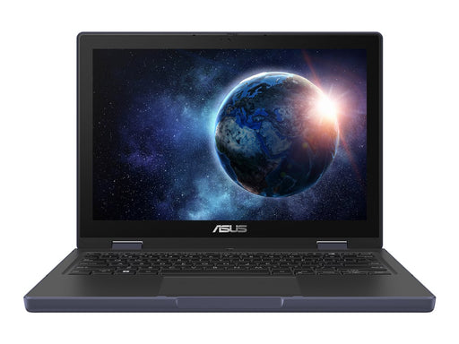 Laptop with a space-themed display on a white background