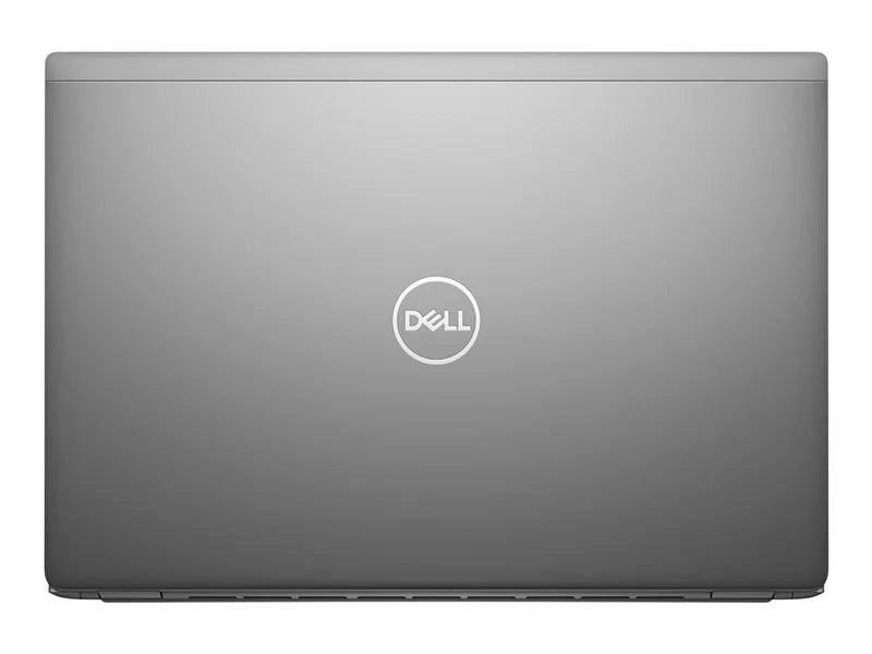 image of a closed Dell lattitude 7640 laptop in dark silver closed - featuirng a silver metal dell logo 