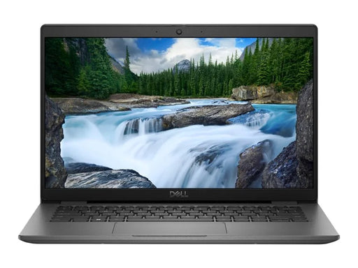 Front view of an open Dell latitude 3440 laptop in dark grey- featuring a waterfall screensaver