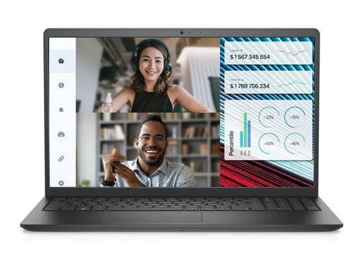 The image features an open laptop displaying a split screen. On the left, there’s a video call with two participants, faces obscured for privacy. The right side shows a presentation with graphs and data. The laptop’s black body is visible, with only the keyboard base and screen in view.