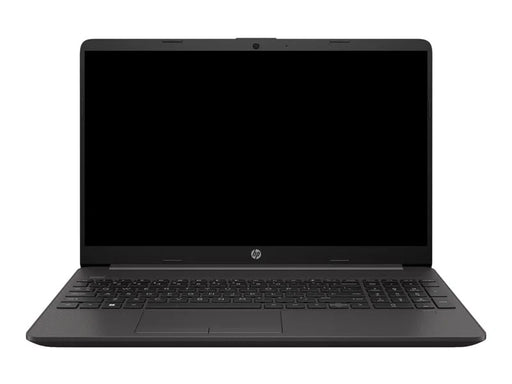 Black HP 250 G9 laptop open with a plain black screen featuirng a small silver HP logo