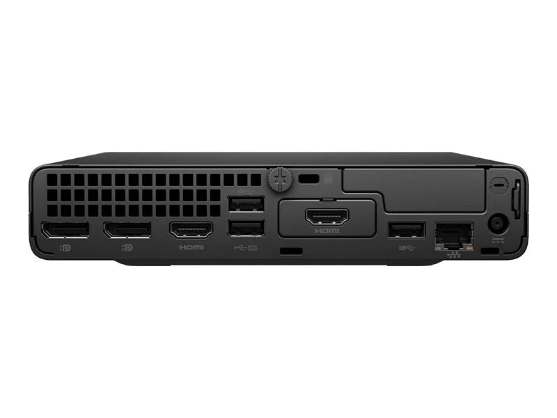 back of the HP Pro 400 G9 Micro Form Factor - showing a variety of ports and vents including mulitple HDMI and USB ports as well etherenet port and power input 