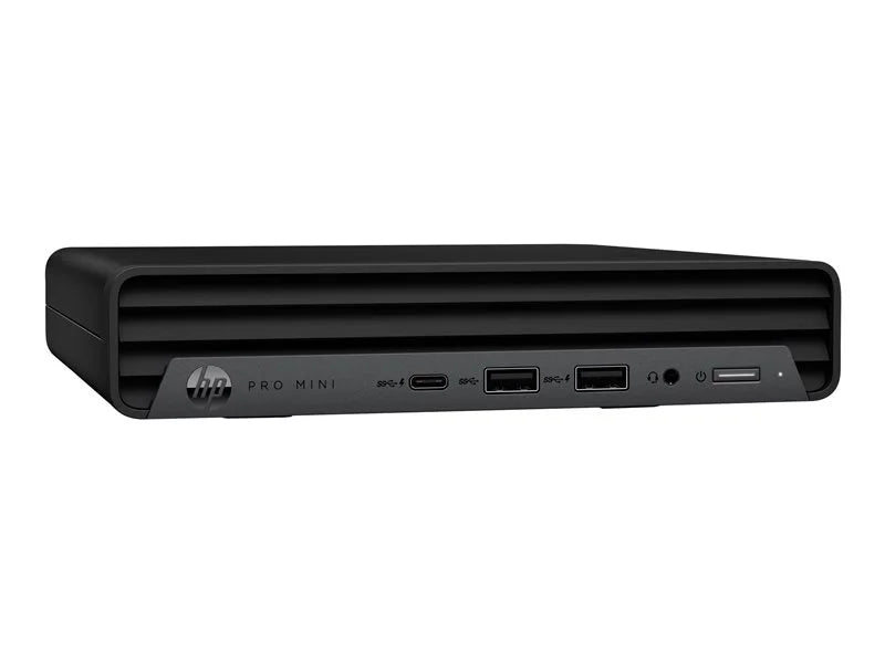 black HP Pro Mini desktop computer. It features a slim, rectangular design with rounded corners and the following visible ports on the front panel:  Two USB ports One HDMI port One headphone jack Additionally, there’s a power button on the right side of the front panel, and the HP logo along with the text “PRO MINI” is displayed on the left side. The overall appearance is sleek and modern, suitable for professional settings.