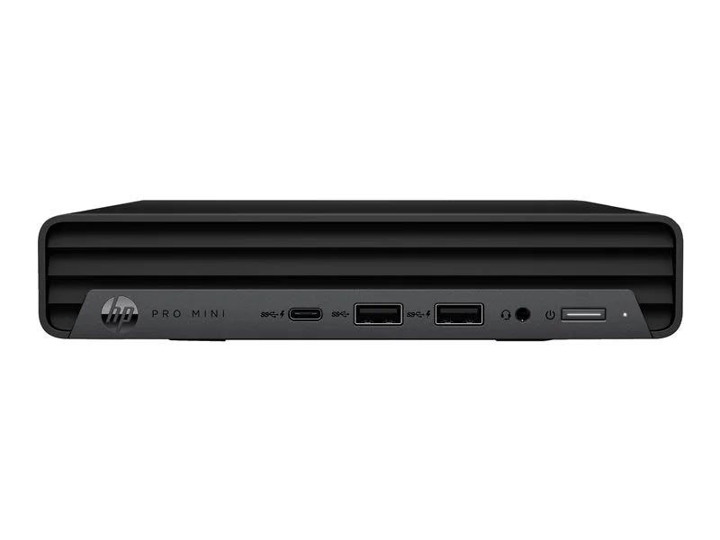 black HP Pro Mini desktop computer. It features a slim, rectangular design with rounded corners and the following visible ports on the front panel:  Two USB ports One HDMI port One headphone jack Additionally, there’s a power button on the right side of the front panel, and the HP logo along with the text “PRO MINI” is displayed on the left side. The overall appearance is sleek and modern, suitable for professional settings.