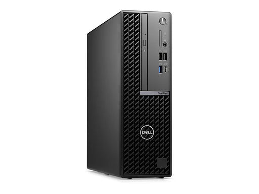 Front view of a Dell OptiPlex desktop computer, featuring a black exterior with a patterned design on the front panel, USB ports, power button, and the Dell logo at the bottom