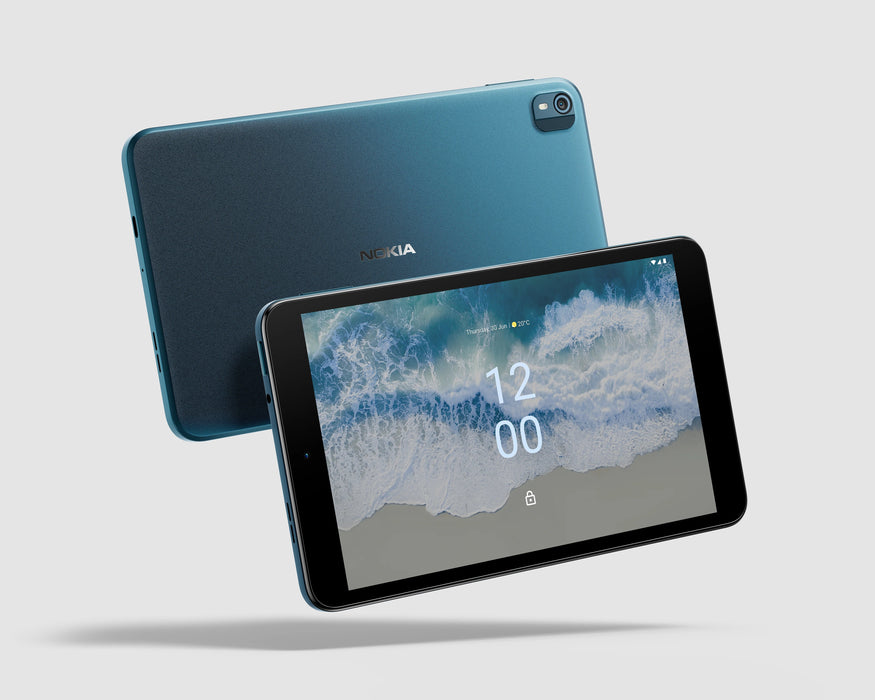 image of two Nokia T10 tablets, both in landscape mode. One showing the back of the tablet and its rich blue colour and silver Nokia logo in the centre. The other one is facing forward, showing the devices high quality screen. 
