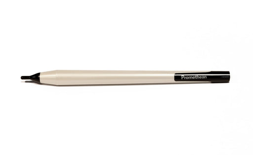 Replacement Promethean ActivPanel V7 pen with brushed nickel barrel, a black plastic nib and black detailing at the tip featuring an engraved Promethean logo 