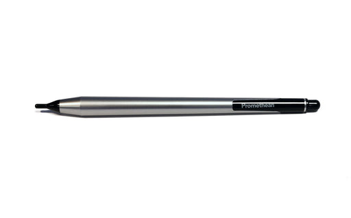 Brushed aluminium coloured replacement pen for the Promethean ActivPanel V7 featuring a black tip and plastic eraser with a metalic silver Promethean logo engraved 