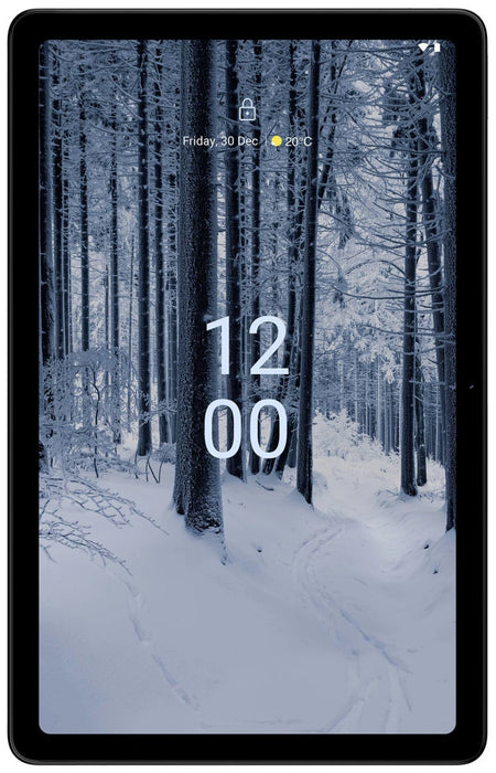Nokia T21 tablet front view of screen with snowy landscape wallpaper.