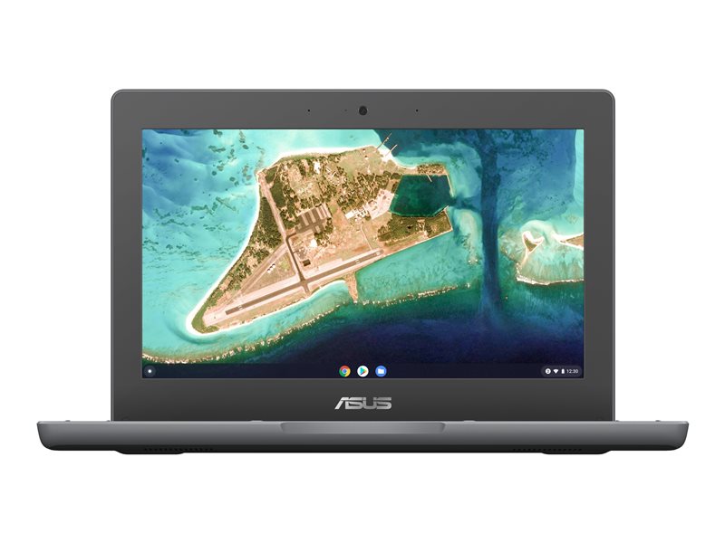 ASUS CR1 Chromebook in a dark grey chassis witha silver ASUS logo at the bottom of the screen and a seascape wallpaper.