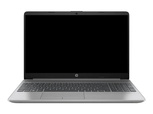Front view of HP 255 G9 laptop in dark grey with a plain black screen 