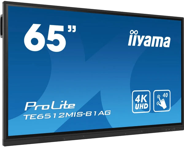 iiyama TE12 series interactive panel with black frame, silver iiyama logo and blue screensaver.