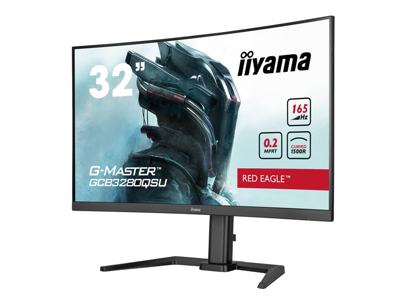 Side view of 32" curved iiyama Red Eagle monitor with a matte black chassis