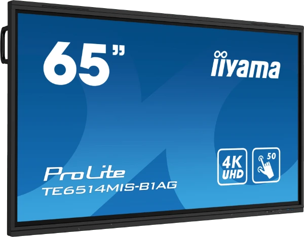 iiyama TE14 series interactive panel with black frame, and blue screensaver.