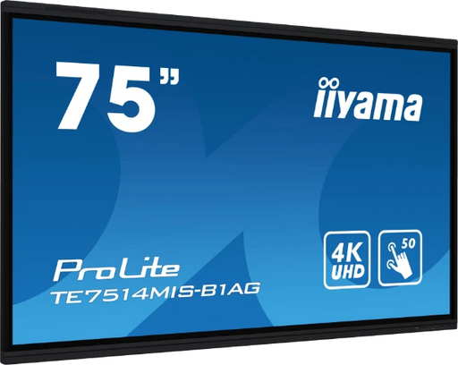 iiyama TE14 series interactive panel with black frame, and blue screensaver.