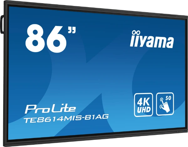 iiyama TE14 series interactive panel with black frame, and blue screensaver.