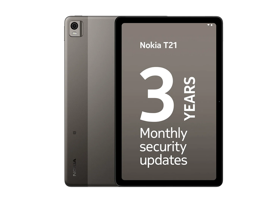 Nokia T21 Tablet in dark grey in portrait mode showing both front and back of the tablet.