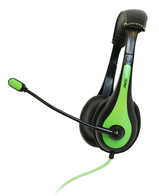 AVID AE-36 Headset - Side view of black headphones with cushioned ear pads and headband featuring Lime Green colour accents