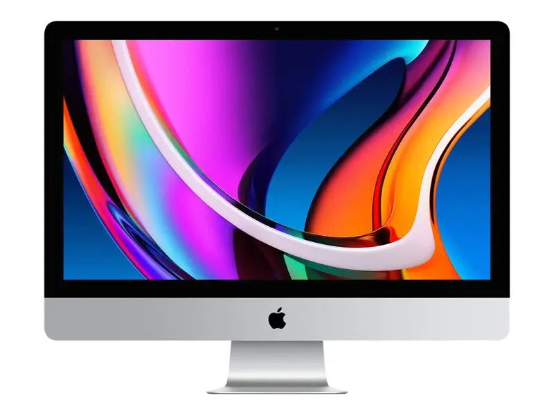 Apple iMac in silver. Large screen featuring a colorful screensaver. Apple logo at the bottom of the screen.